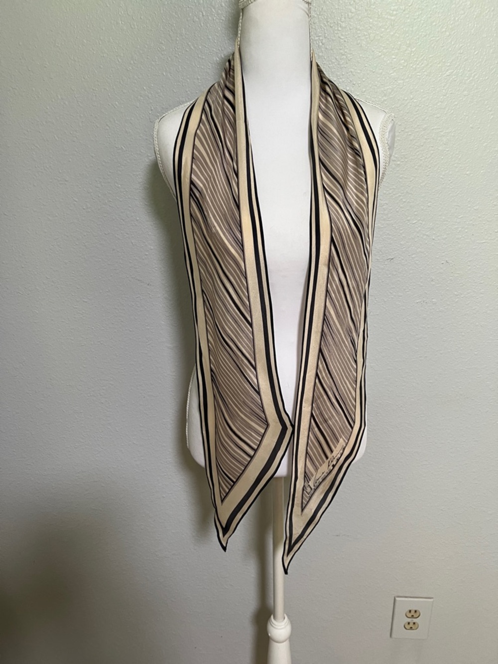 Striped Neutral Silk Scarf - Beige, Black, Gray